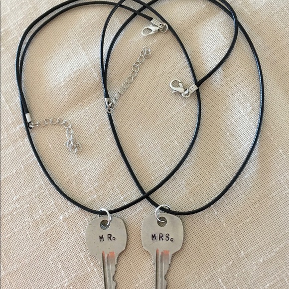 HAND CRAFTED Vintage Key Necklace Set MR. MRS. Hand Stamped - Picture 2 of 4